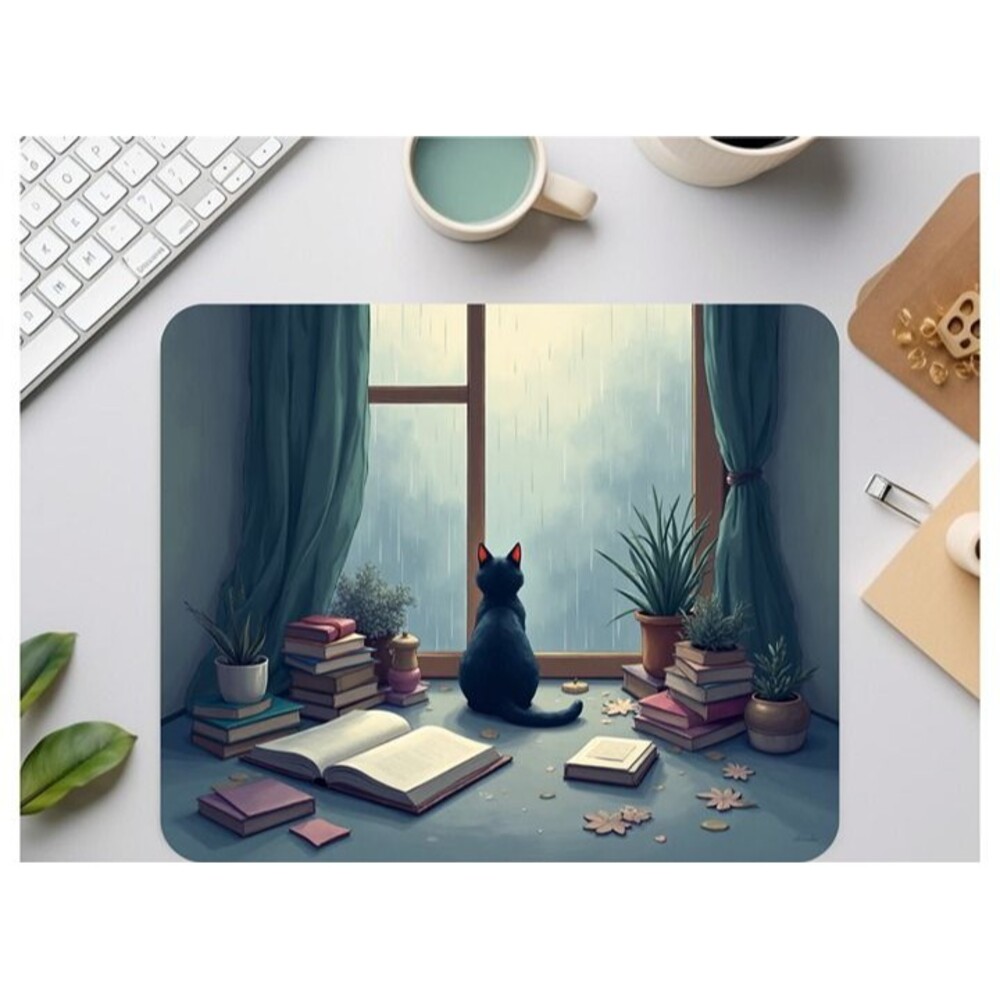 Cozy Cat Mouse Pad, Aesthetic with Rainy Window Scene